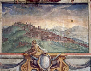 Quarto, detalhe do friso retratando cidades sob o domínio de Medici, possivelmente Cortona, 1564-75 afresco